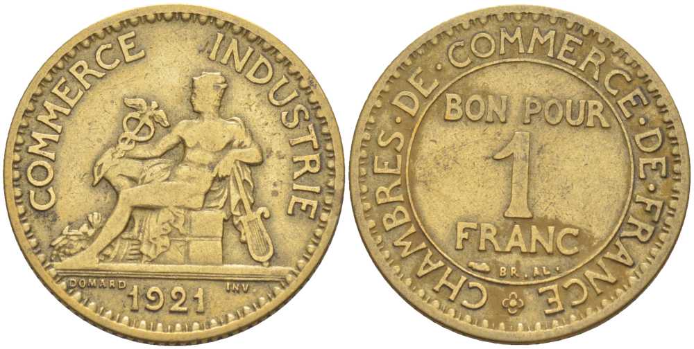 ФРАНЦИЯ 1 ФРАНК 1921 CHAMBRES DE COMMERCE KM 876, LE FRANC 218.3 алюминиевая бронза 212-856