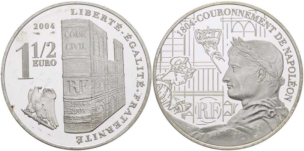 Франция 1 1/2 евро 2004 200 лет со дня коронации Наполеона Бонапарта KM 1366 серебро PROOF 1076-5-51