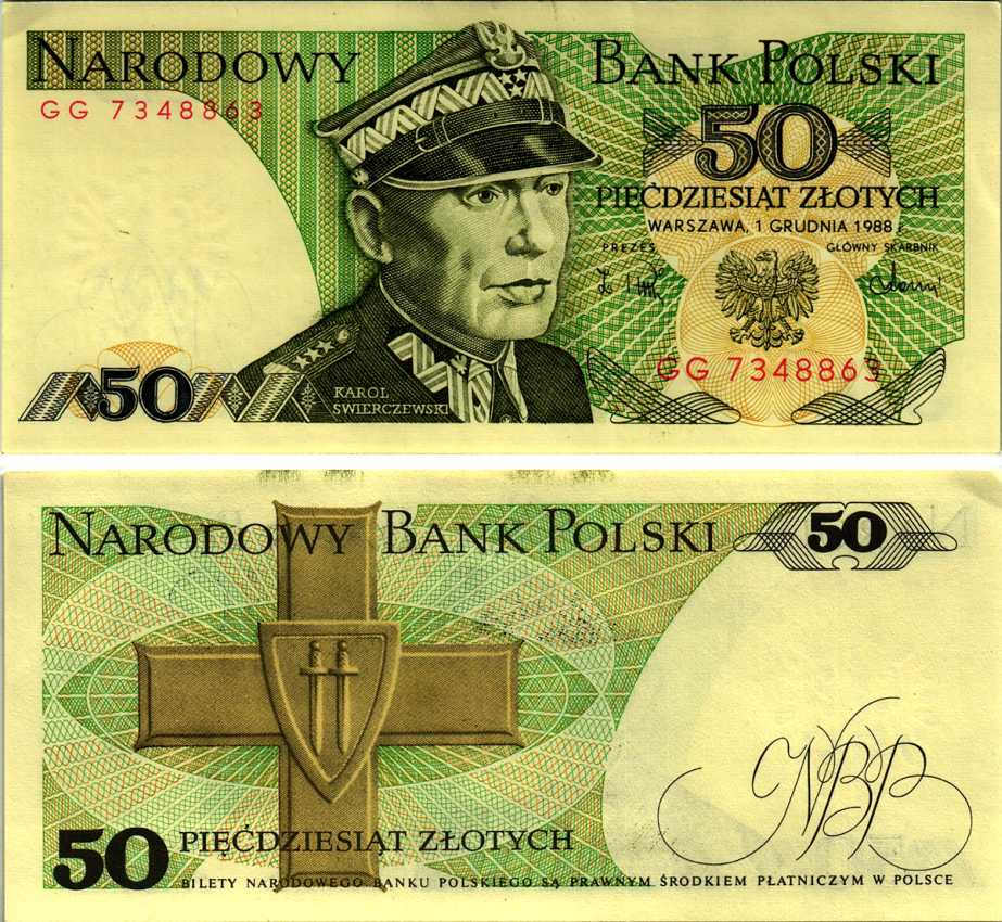 Польша 50 злотых 1988 Кароль Сверчевский, знак Грюнвальдского ордена Pick 142 c бумага аUNC 8607-70-3-2