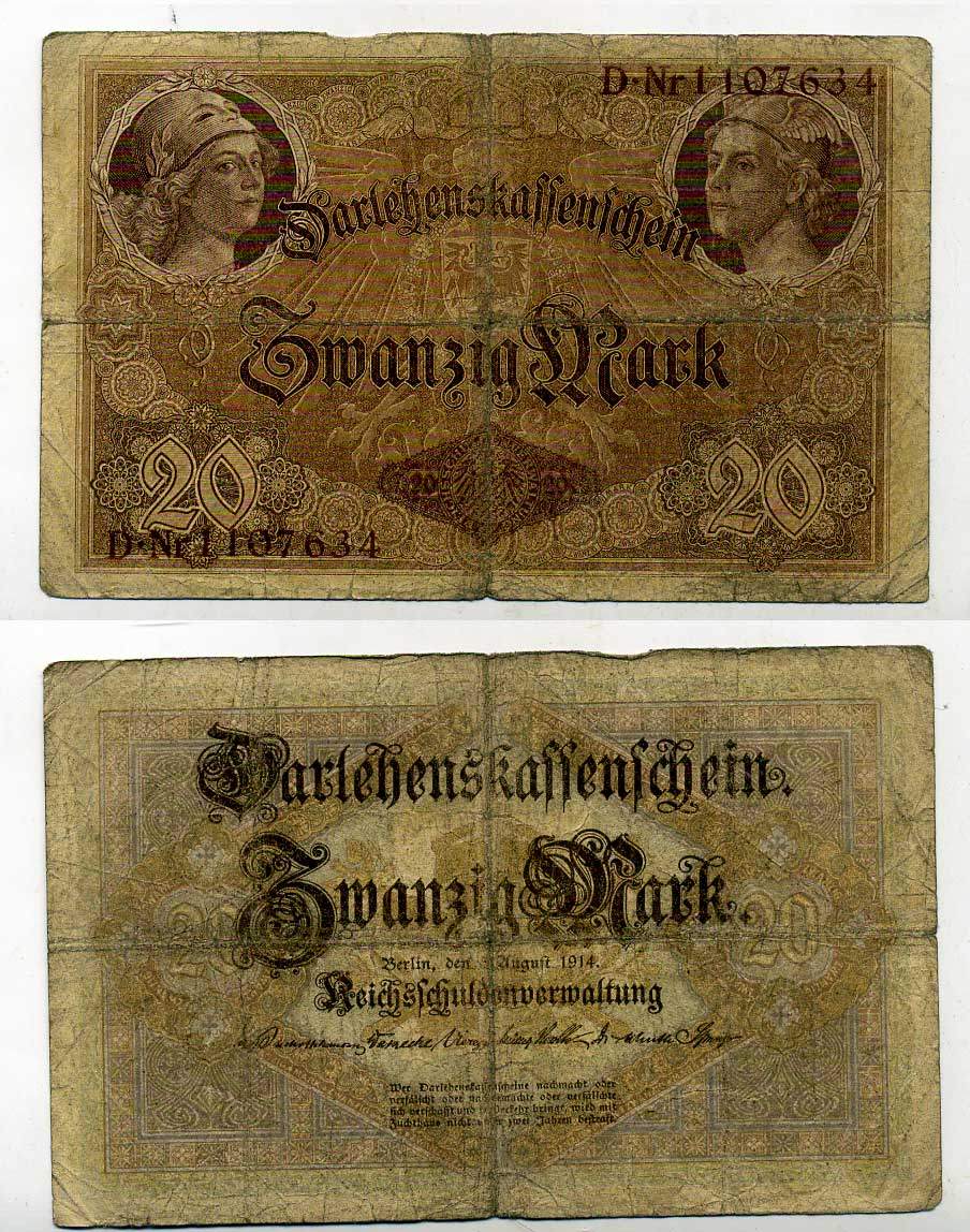 ГЕРМАНИЯ 20 МАРОК 1914 7 значный номер Pick 48 b бумага 6283-53-3