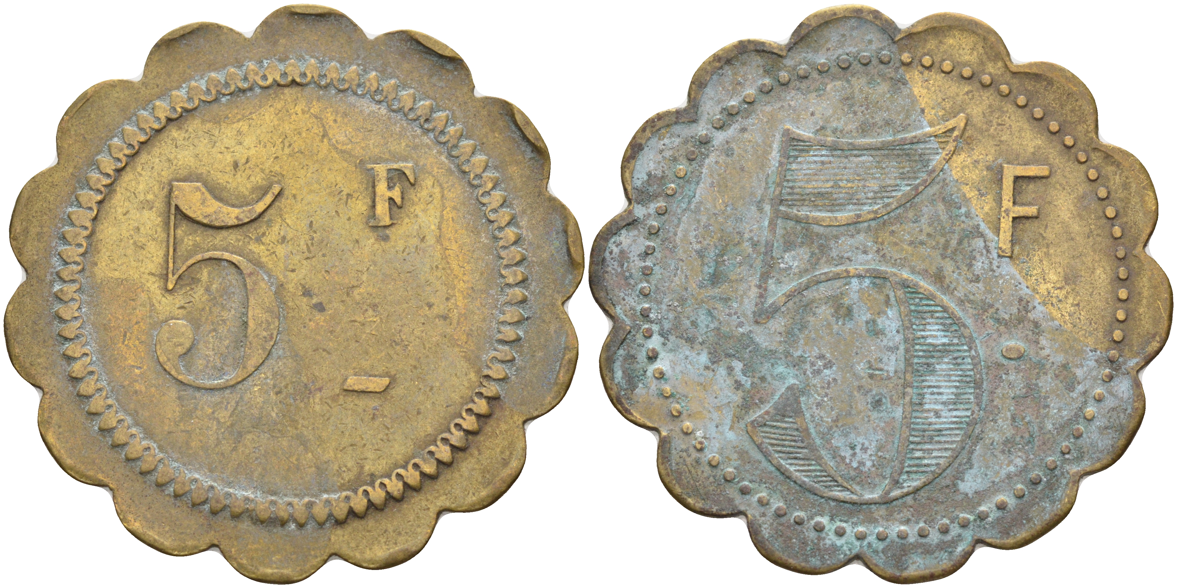 ФРАНЦИЯ 5 ФРАНКОВ НАЧАЛО XX ВЕКА d около 35 мм, вес около 7,4 гр платежный жетон латунь 63-1234