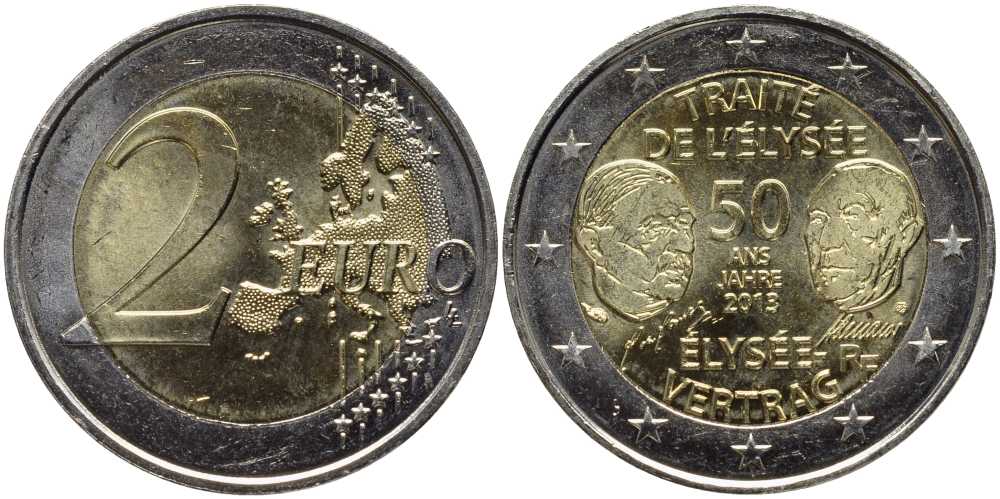 Франция 2 евро 2013 50 лет подписания "Елисейского договора" KM 2094 биметалл UNC 115-1231