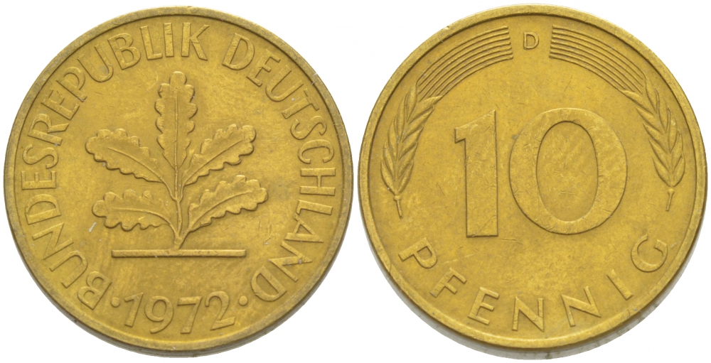 ФРГ 10 ПФЕННИГОВ 1972 D KM 108, J.383 сталь плакированная латунью 3996-624