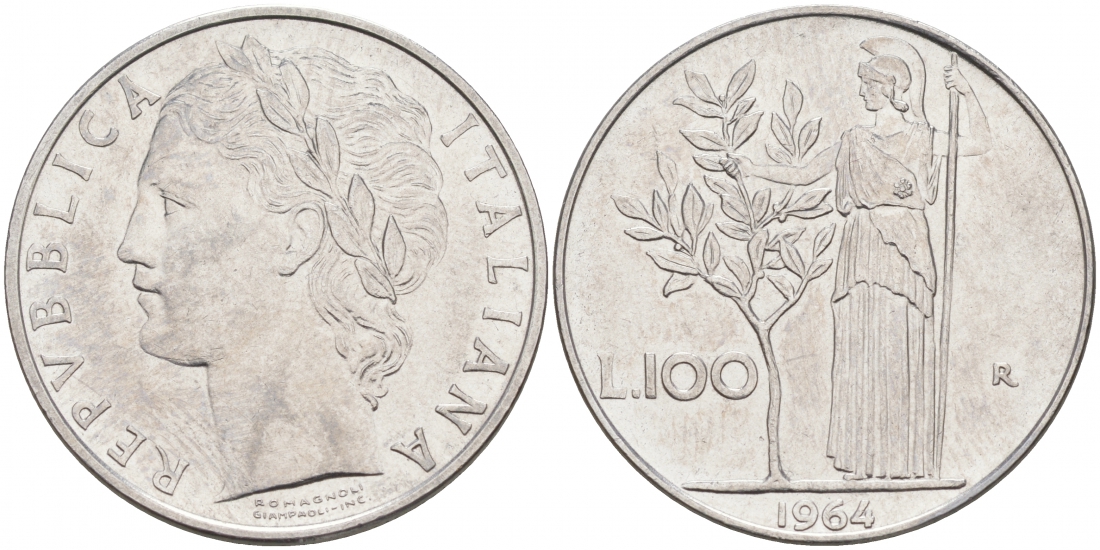 ИТАЛИЯ 100 ЛИР 1964 R, АФИНА KM 96.1 нержавеющая сталь 73-436