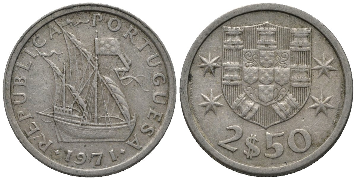 Португалия 2,5 эскудо 1971 парусник KM 590 медно-никель 4576-1264