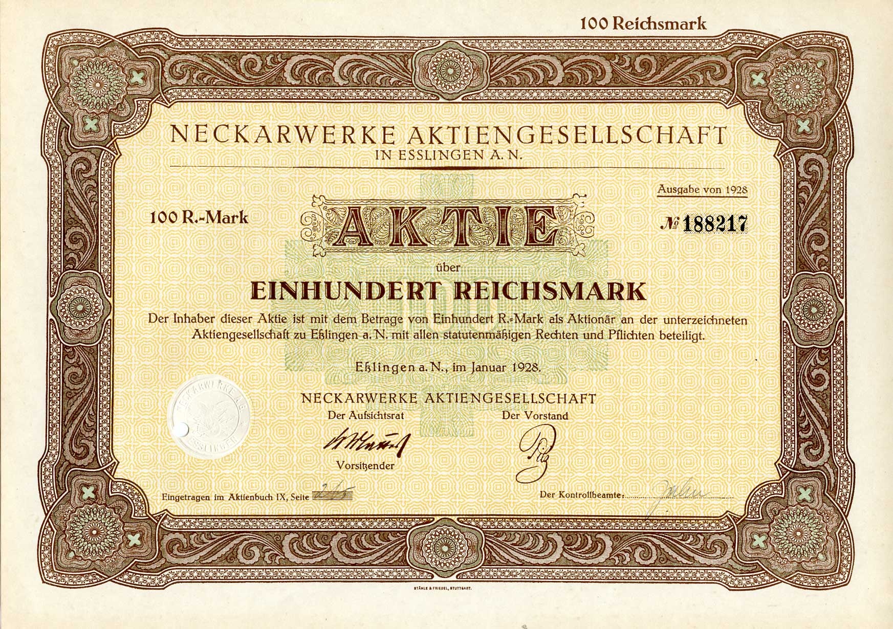 Германия 100 рейхсмарок 1928 АО Неккарверке в Эсслингене, акция   бумага 8801-75-1