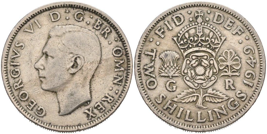Великобритания 2 шиллинга (флорин) 1949 Георг VI (1936-1952) KM 878, Spink 4107 медно-никель 4572-1013
