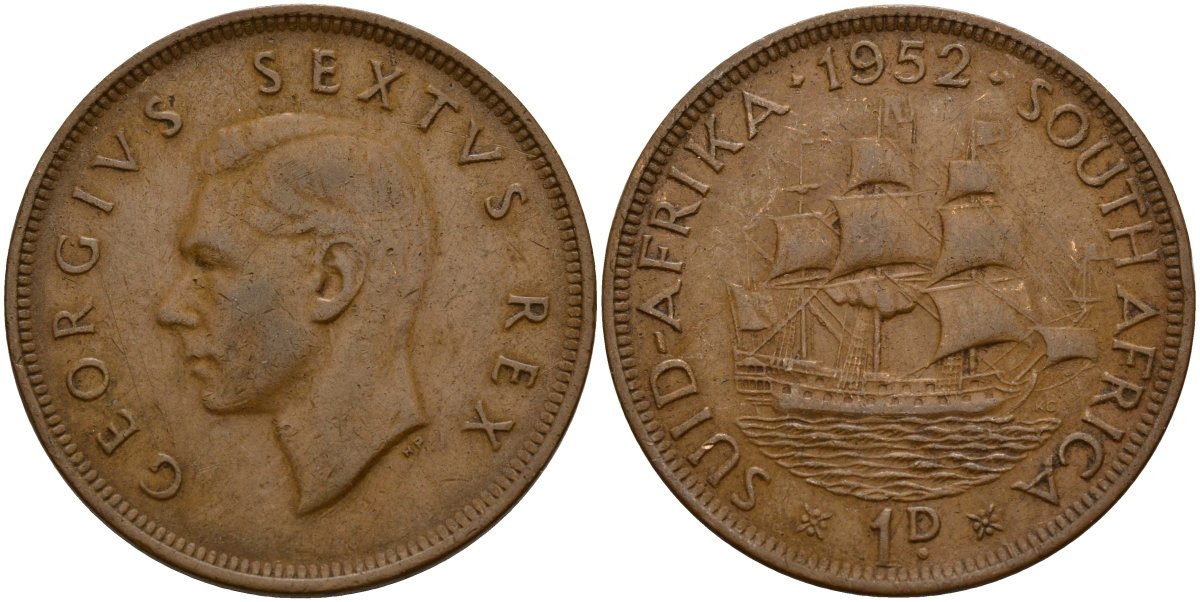 ЮАР 1 пенни 1952 Георг VI (1937-1952) KM 34.2 бронза 69-716