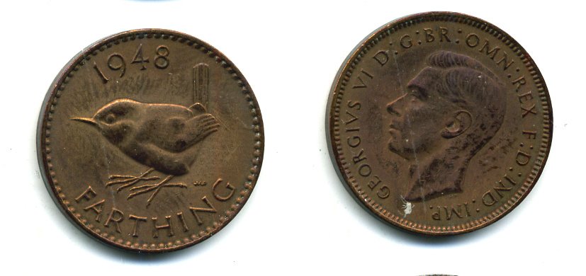 Великобритания 1 фартинг 1948 Георг VI (1936-1952) KM 843, Spink 4116 бронза 08-1465