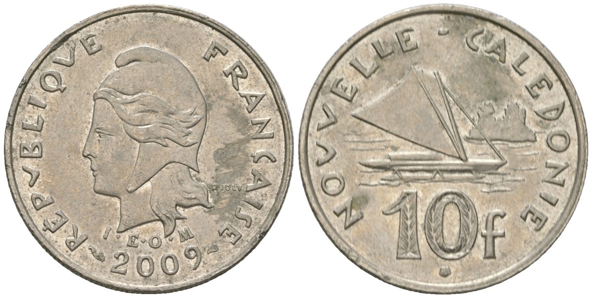 Французская Новая Каледония 10 франков 2009 рыбачья парусная лодка, (IEOM) KM 11a, Schoen 13a, Lec 99k медно-никель 62-215
