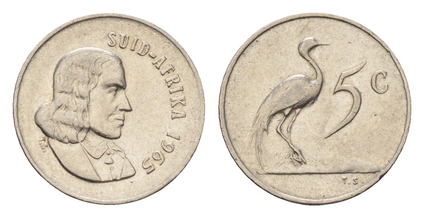 ЮАР 5 центов 1965 Ян ван Рибек (1619-1677), Suid Africa, легенда на африкаанс, райский журавль KM 67.2 медно-никель 4682-724