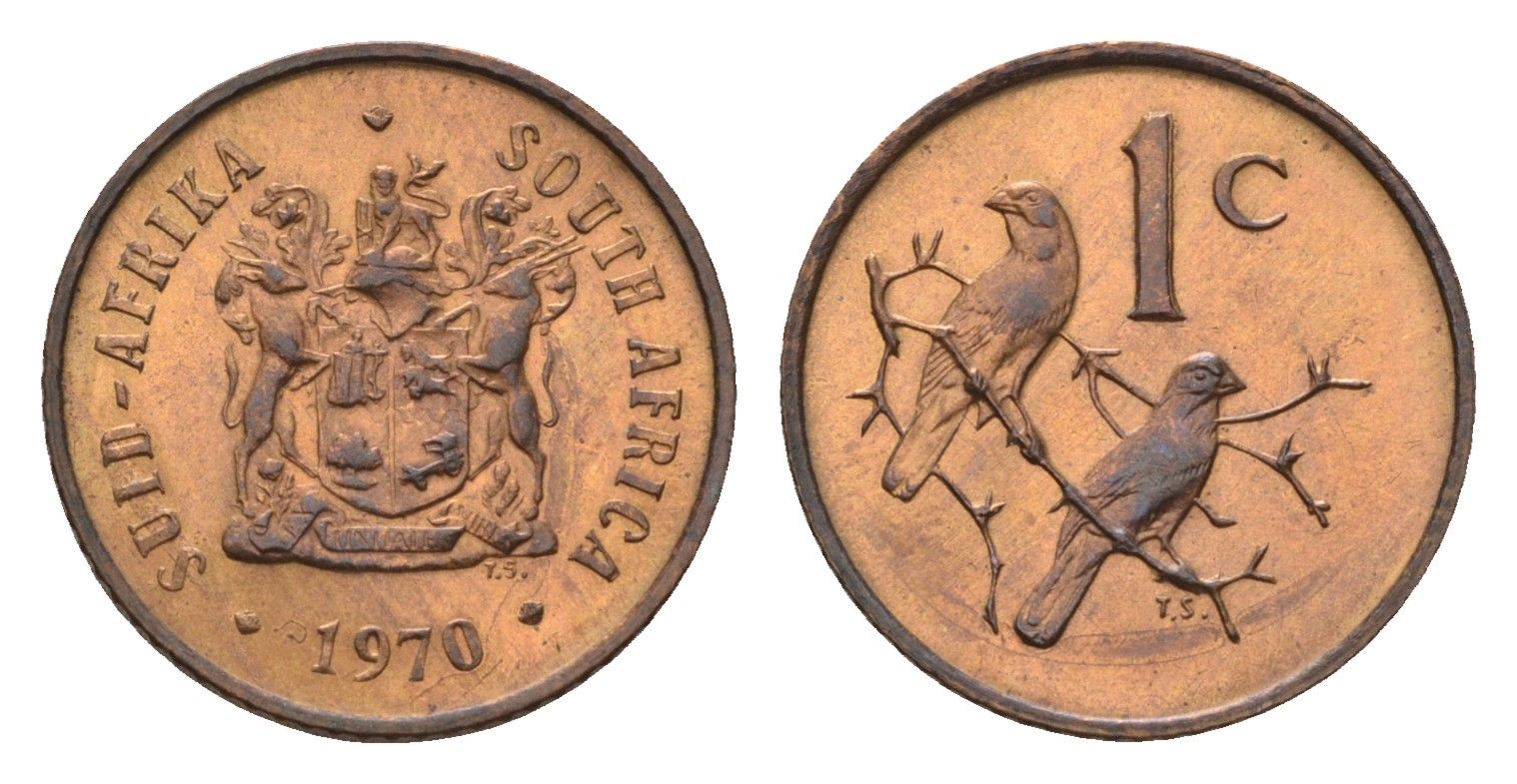 ЮАР 1 цент 1970 герб, капские воробьи KM 82 бронза UNC 4687-112