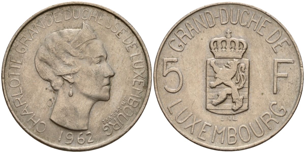 Люксембург 5 франков 1962 Великая герцогиня Шарлотта (1919-1964) KM 51 медно-никель 4150-926