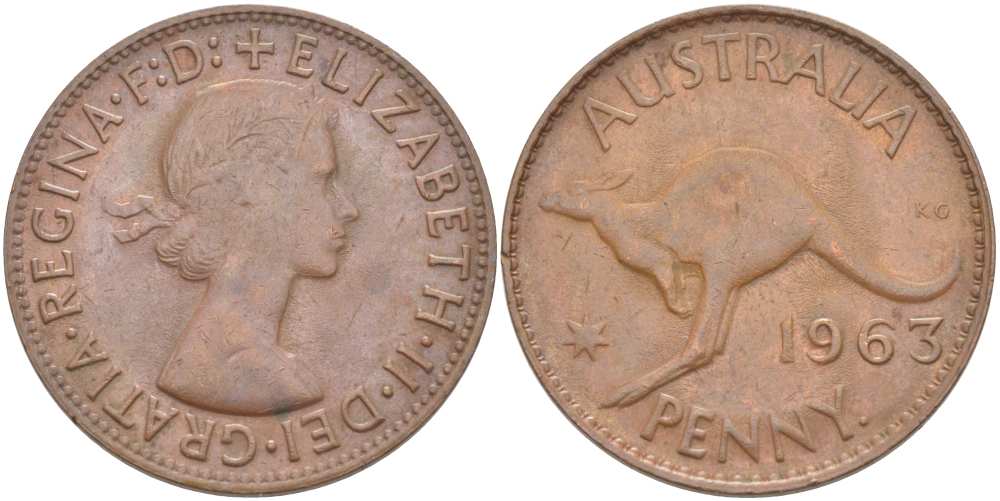 АВСТРАЛИЯ 1 ПЕННИ 1963 p, ЕЛИЗАВЕТА II (1953-), КЕНГУРУ KM 56 бронза 4512-1221