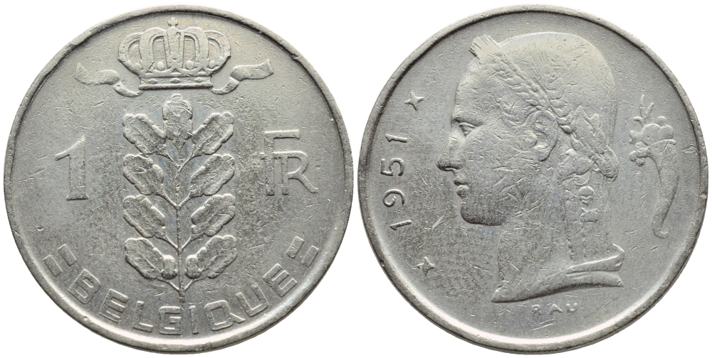 БЕЛЬГИЯ 1 ФРАНК 1951 BELGIQUE KM 142.1 медно-никель 4390-755