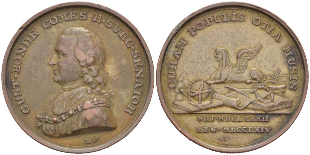 Швеция медаль ND памяти Густава Бонде (1682-1764) шведского политика (Gustav Bonde), диаметр 31 мм., вес 9,49 гр. Hy. I, s. 202; Hild. s. 148 бронза 1517-1411