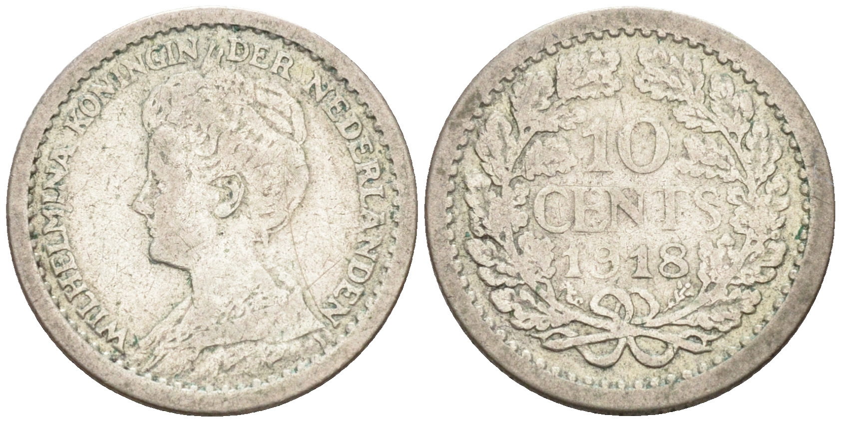 НИДЕРЛАНДЫ 10 ЦЕНТОВ 1918 ВИЛЬГЕЛЬМИНА серебро 188-1121