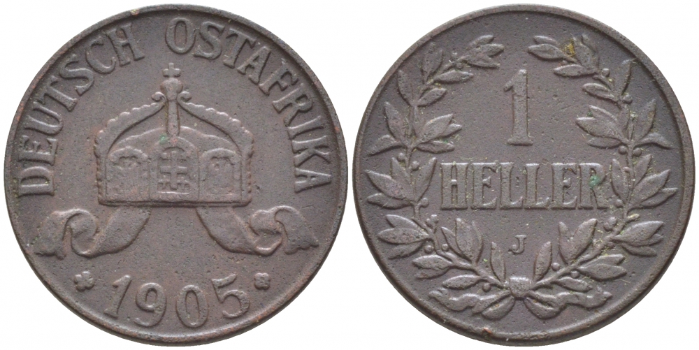 Немецкая Восточная Африка (Танзания) 1 геллер 1905 J, Ost-Africa Jaeger 716, KM 7 бронза 4448-434