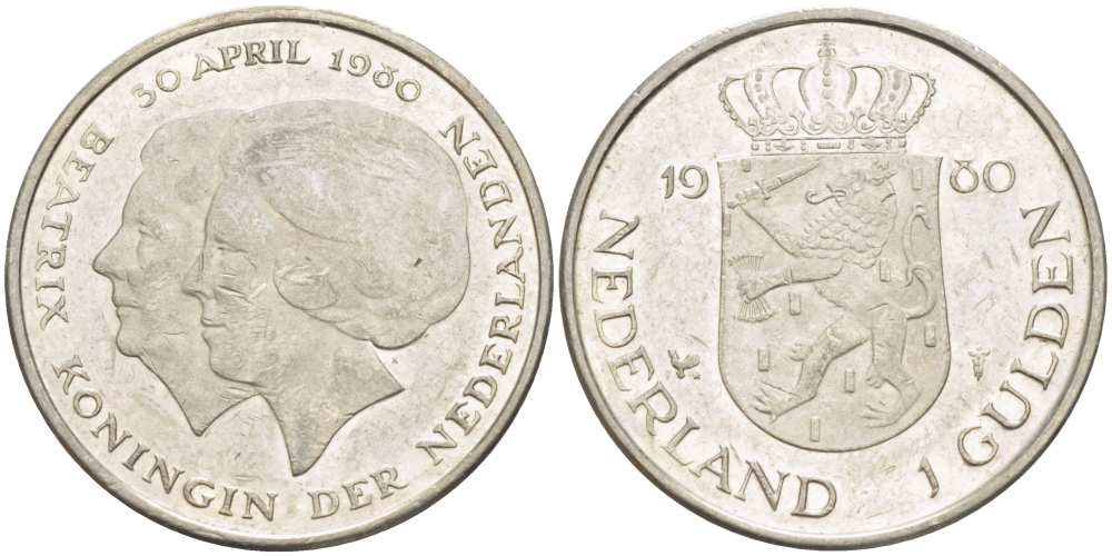 Нидерланды 1 гульден 1980 на коронацию Беатрикс, 30 апреля 1980 KM 200 никель 210-1232