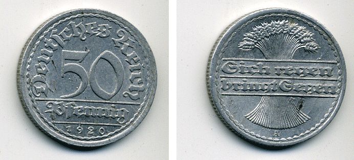 ГЕРМАНИЯ 50 ПФЕННИГОВ 1920 A KM 27, J. 301 алюминий 57-341