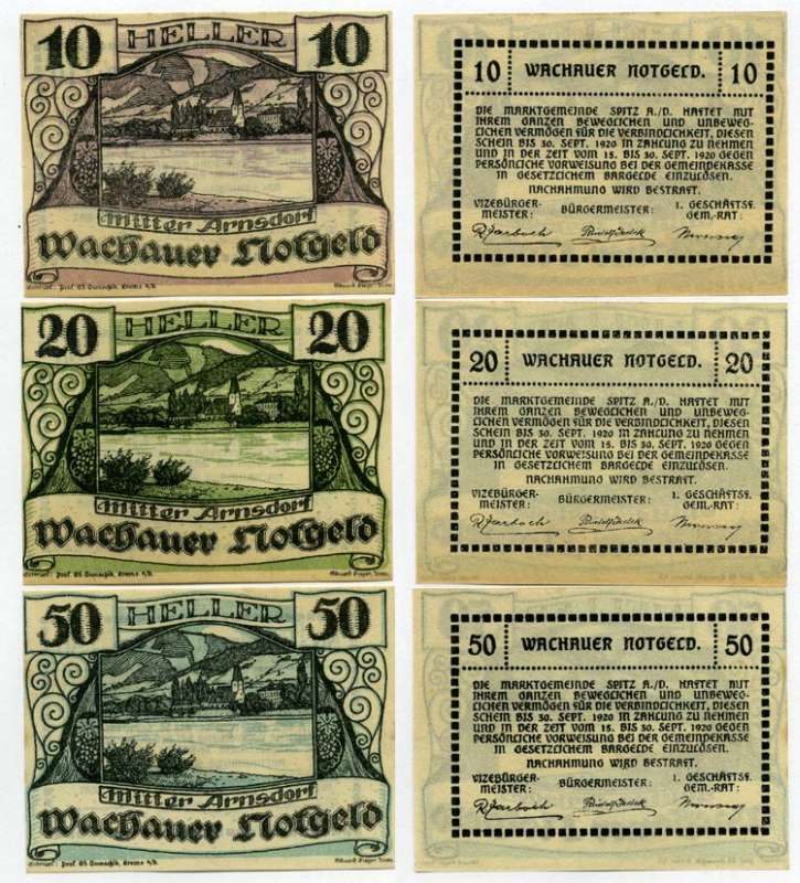 Австрия, Миттерарнсдорф набор из 3 банкнот 10, 20, 50 геллеров 1920 30 сентября 1920, нотгельд, земля Нижняя Австрия   бумага  UNC (пресс) 7555-29-2-1
