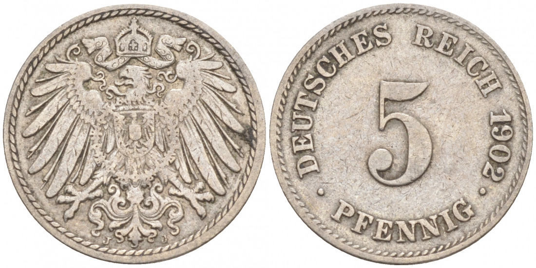 ГЕРМАНИЯ 5 ПФЕННИГОВ 1902 J, KM 11, J. 12 медно-никель 73-1533