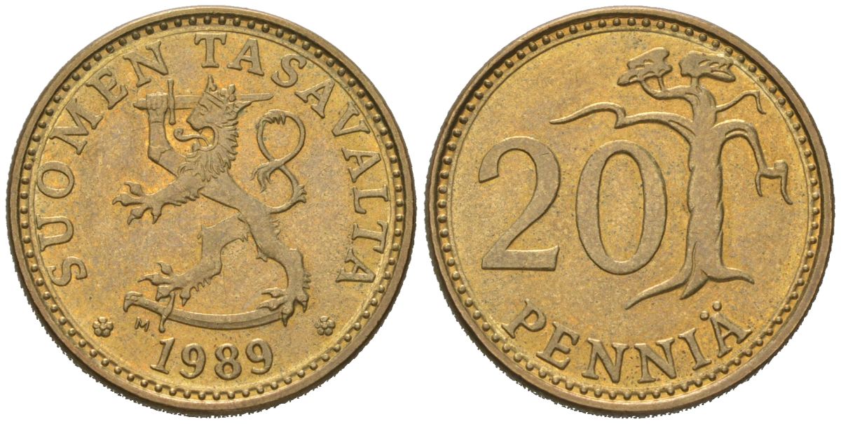 Финляндия 20 пенни 1989 M KM 47 алюминиевая бронза UNC 4577-757