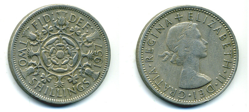 Великобритания 2 шиллинга (флорин) 1957 Елизавета II (1952-2022) KM 906, Spink 4146 медно-никель 89-1632