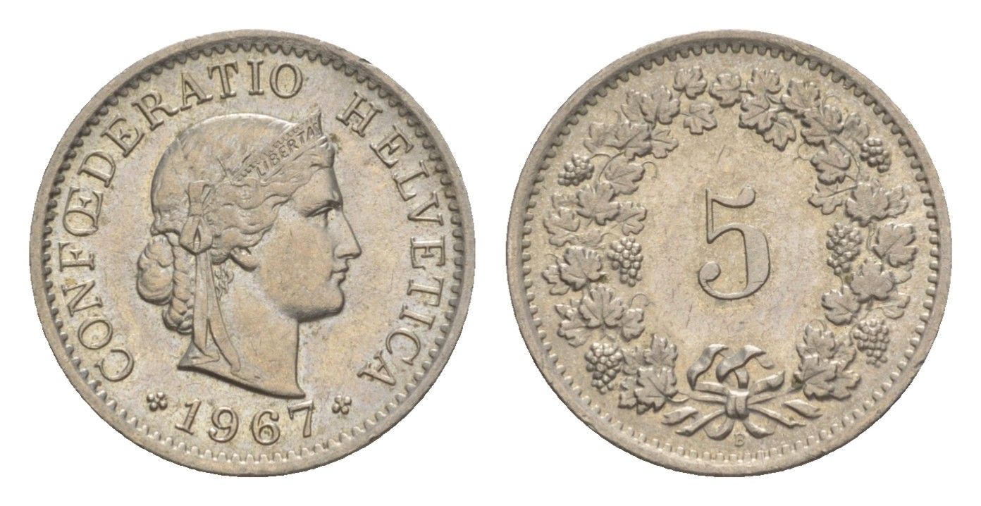 Швейцария 5 раппенов 1967 B KM 26 медно-никель 4611-859