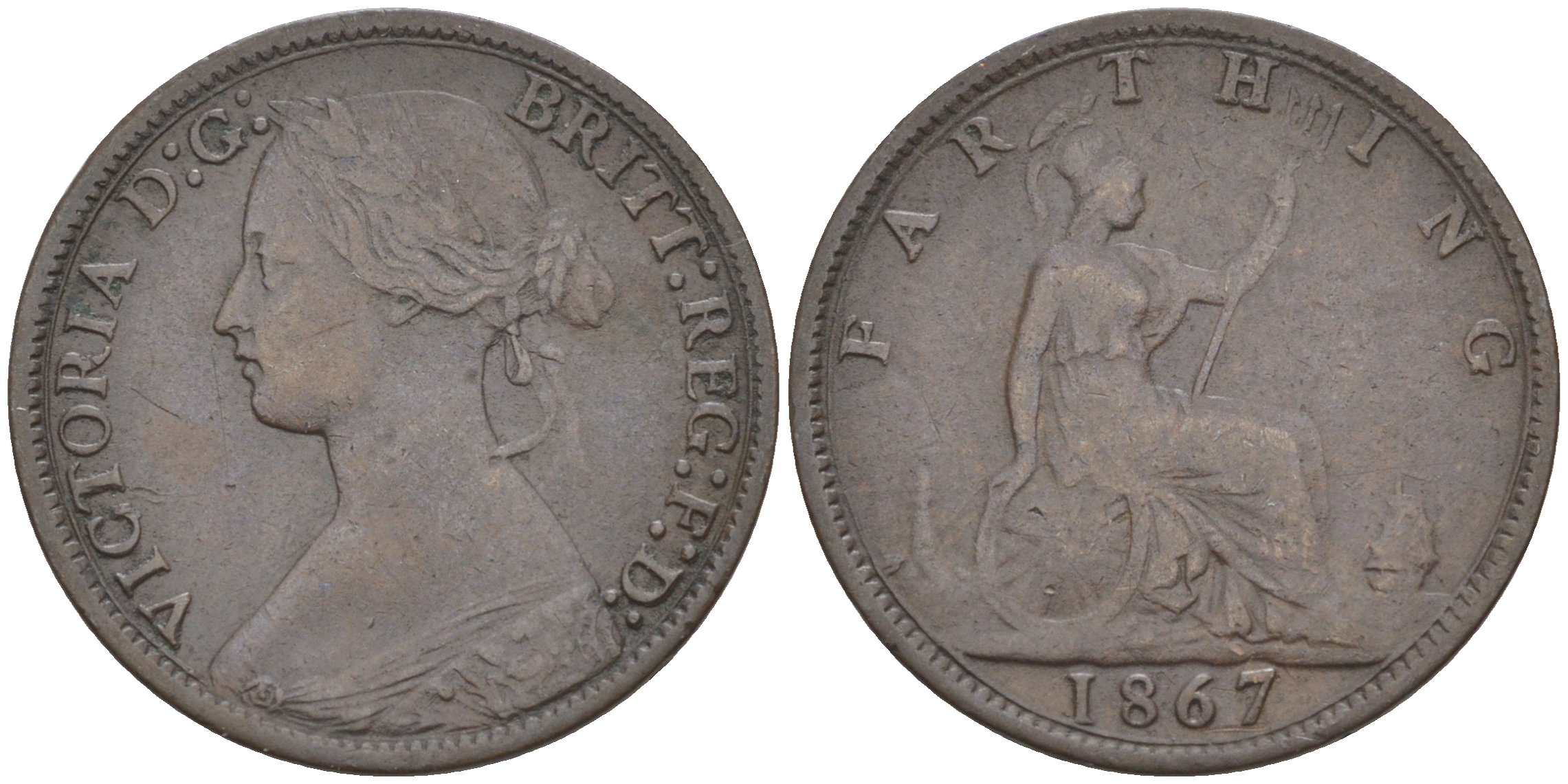 Великобритания 1 фартинг 1867 Виктория (1837-1901) KM 747.2, Spink 3958 бронза 63-244