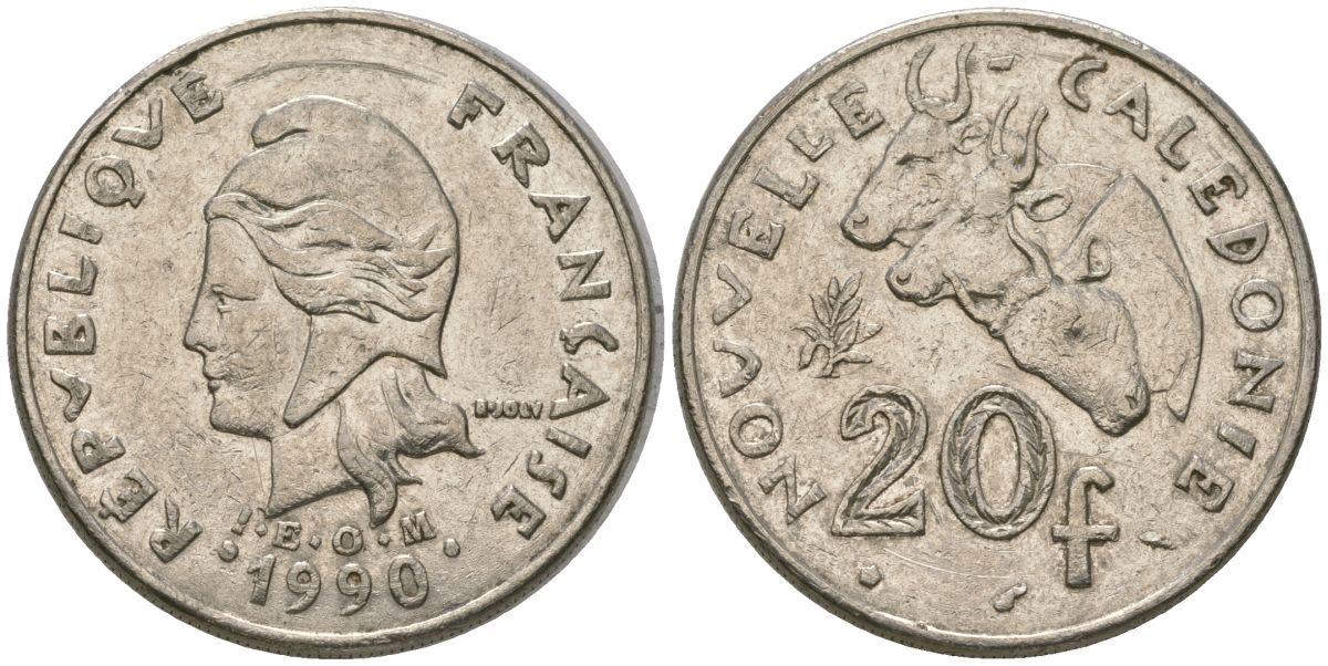 Французская Новая Каледония 20 франков 1990 три быка, (IEOM) KM 12, Schoen 14, Lec 113 никель 4131-231