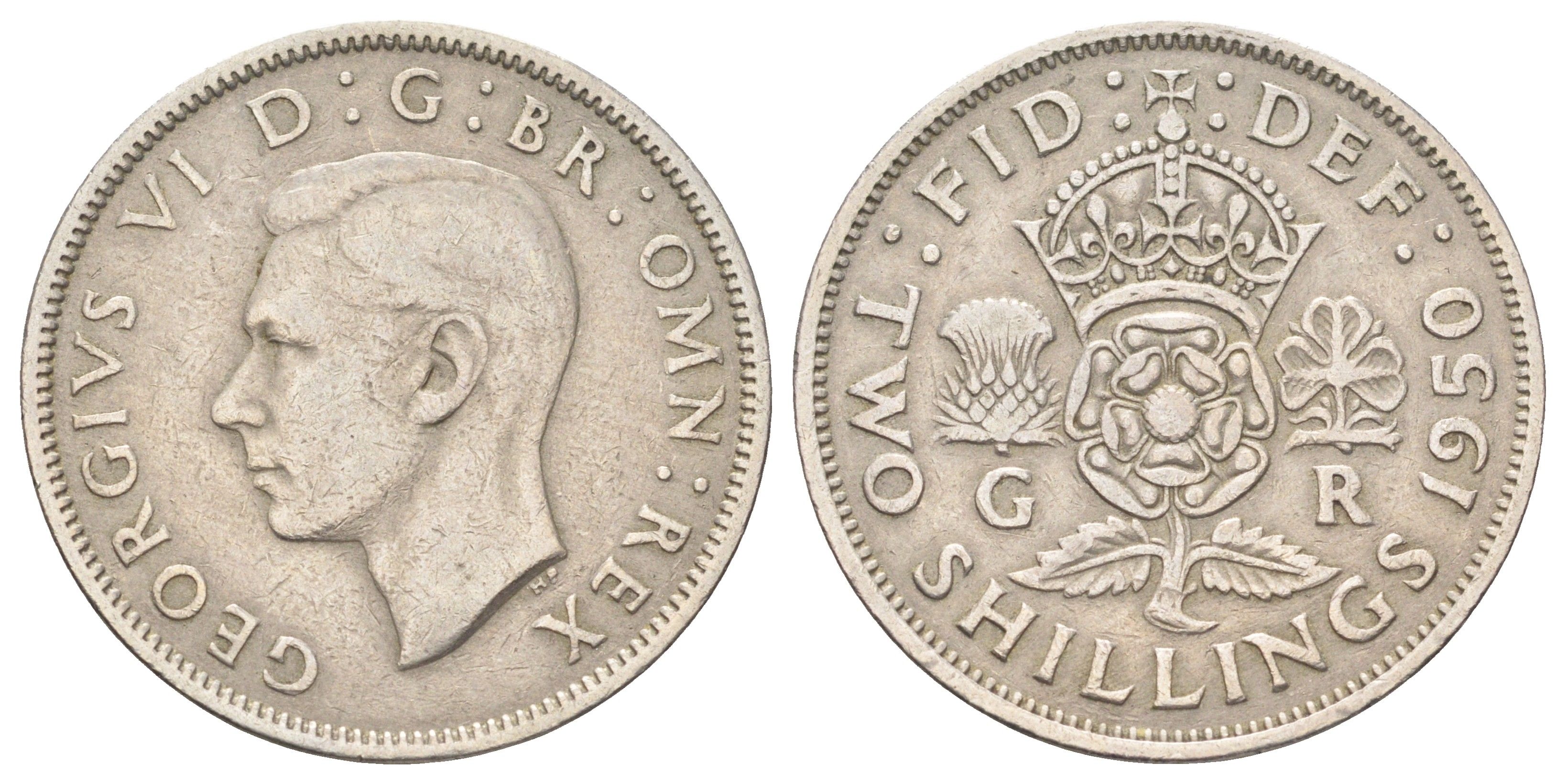 Великобритания 2 шиллинга (флорин) 1950 Георг VI (1936-1952) KM 878, Spink 4107 медно-никель 4707-1121
