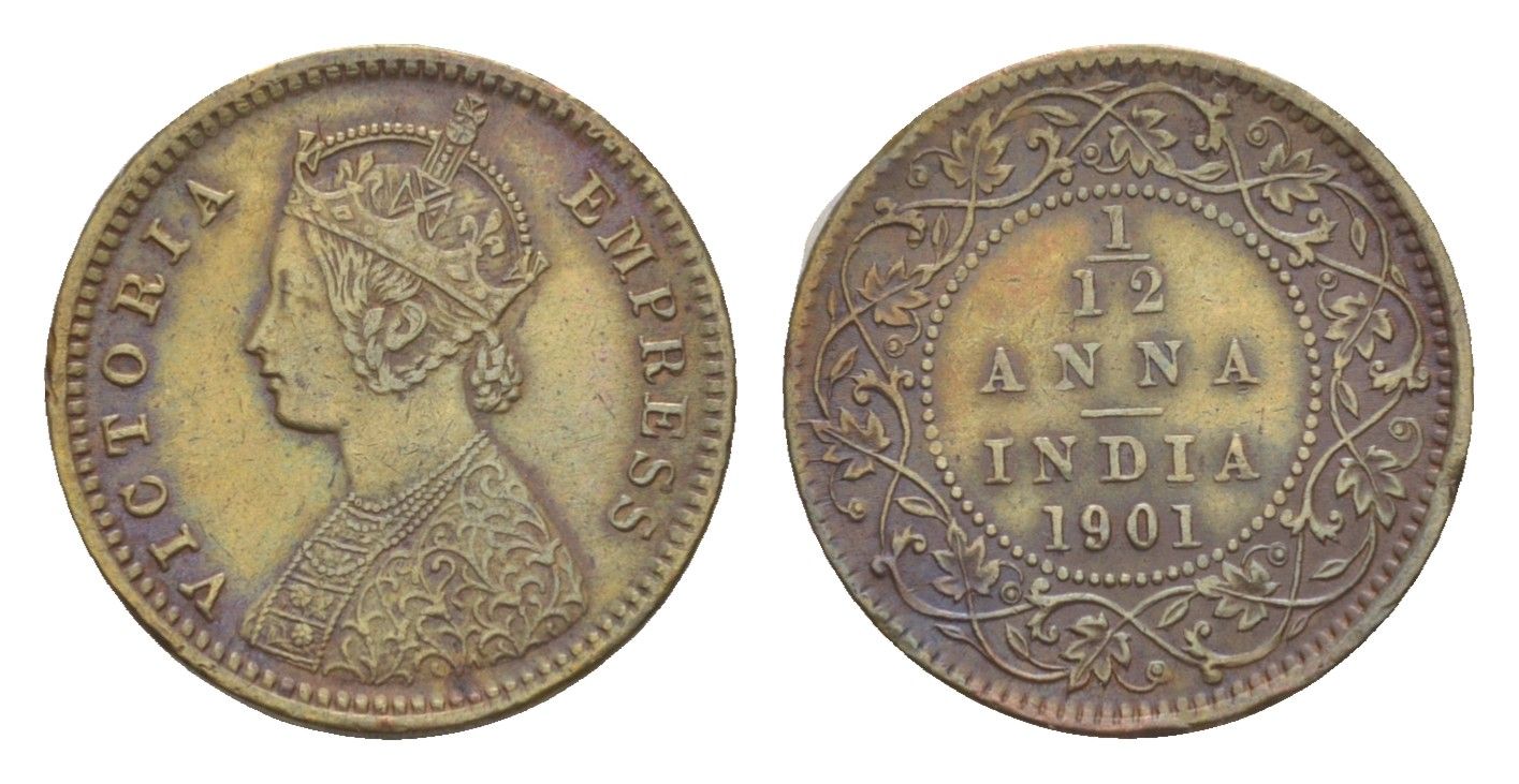 Британская Индия 1/12 анна 1901 Виктория (1837-1901) KM 483 медь    4658-1114