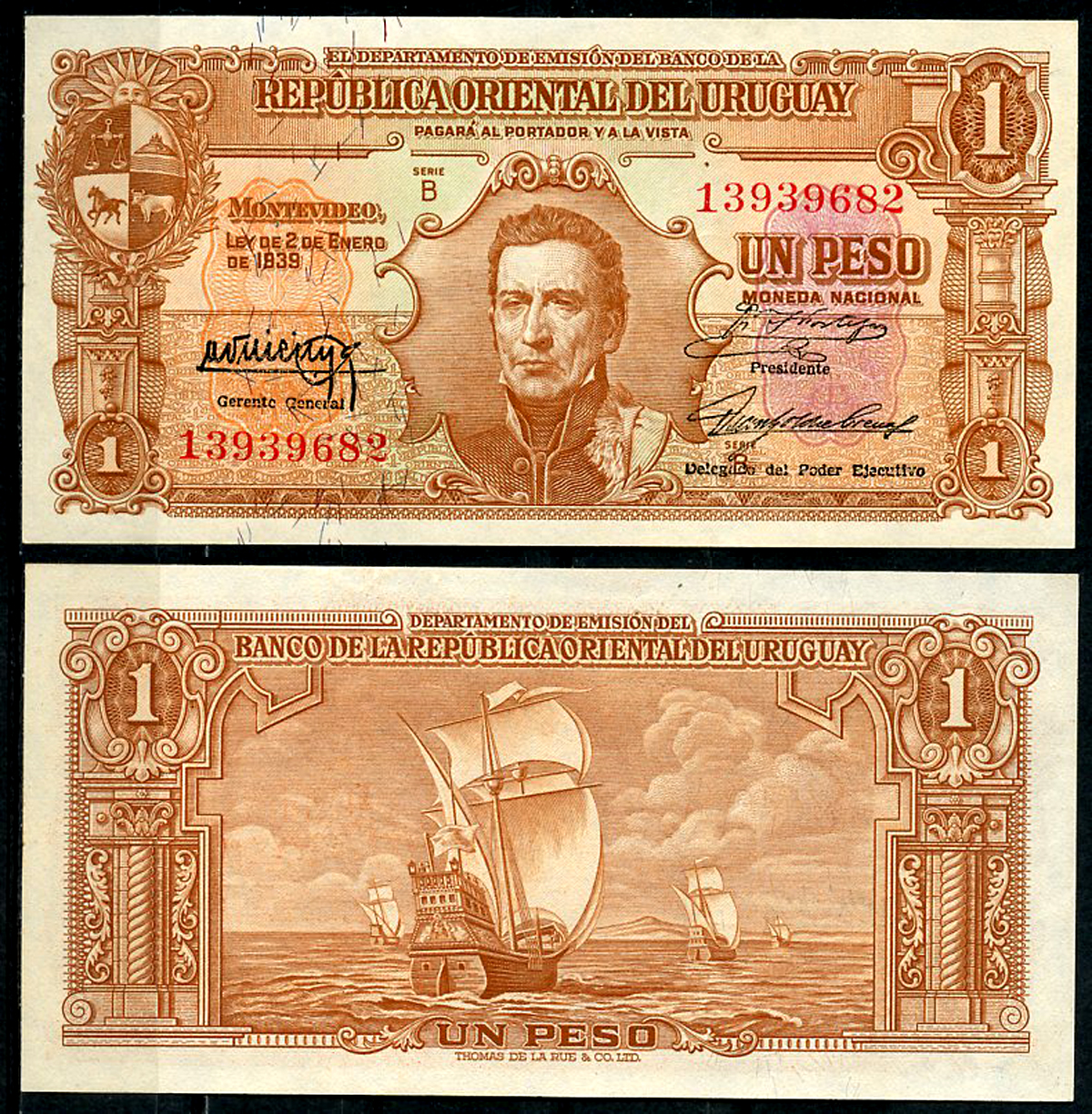 Уругвай 1 песо 1939 Хосе Хервасио Артигас, парусник, серия B Pick 35 a  бумага  UNC (пресс) 451-701-2