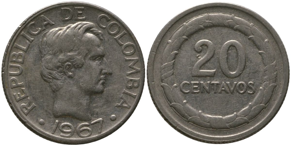 Колумбия 20 сентаво 1967 KM 227, Restrepo 394-1b сталь плакированная никелем 4529-527