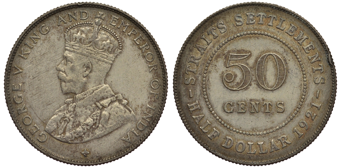 Стрейтс-Сетлментс 50 центов 1921 Георг V (1910-1936) KM 35.1 серебро 1521-225