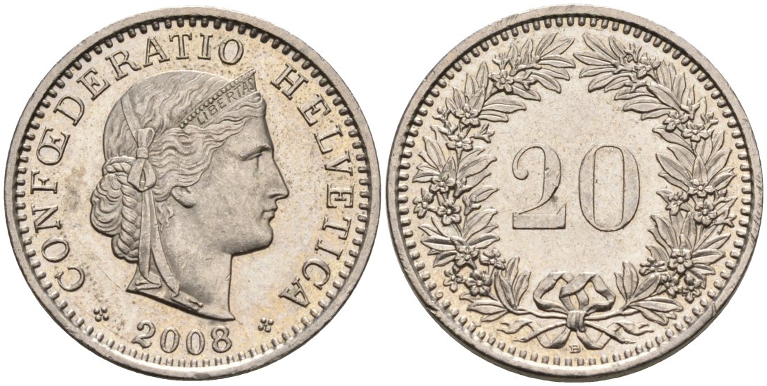 Швейцария 20 раппенов 2008 KM 29а медно-никель 92-915