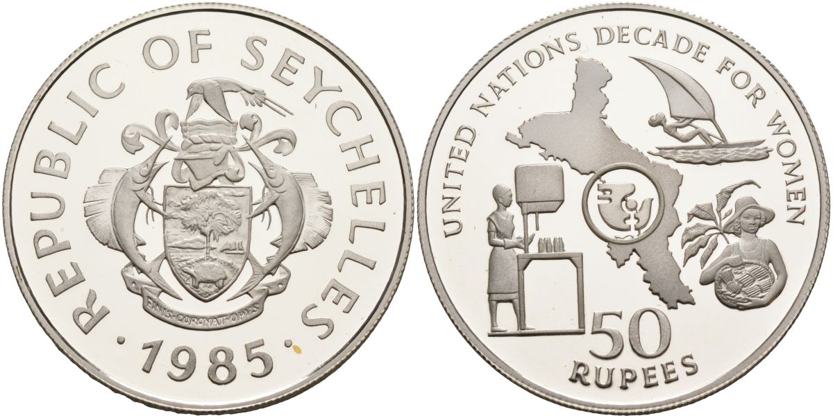 Сейшельские острова 50 рупий 1985 год женщин, тираж 500 экз. KM 54 серебро PROOF 1098-4-24