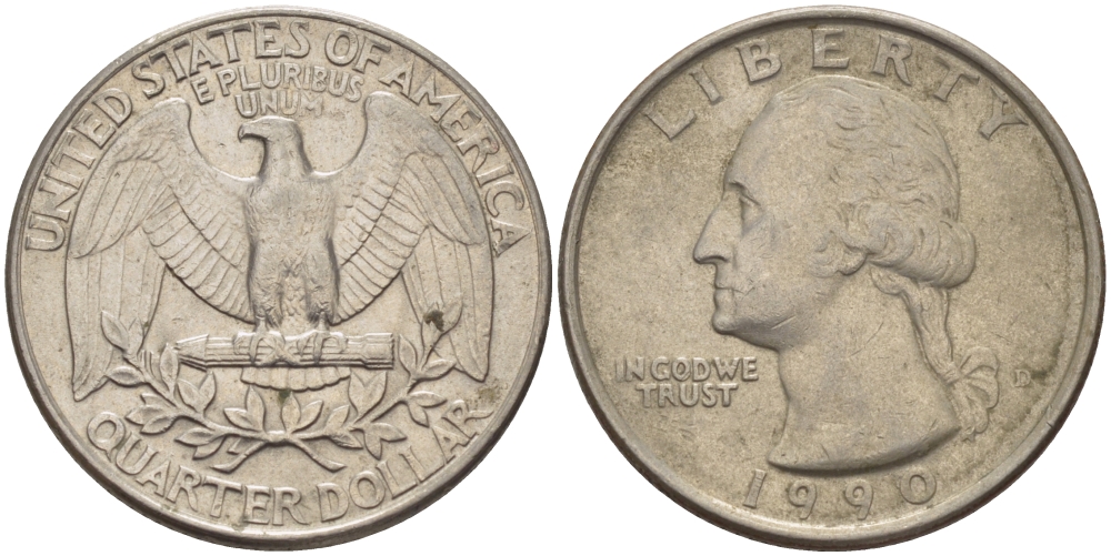США 25 центов = квотер 1990 D, Вашингтон KM А164а медь плакированная медно-никелем 31-754