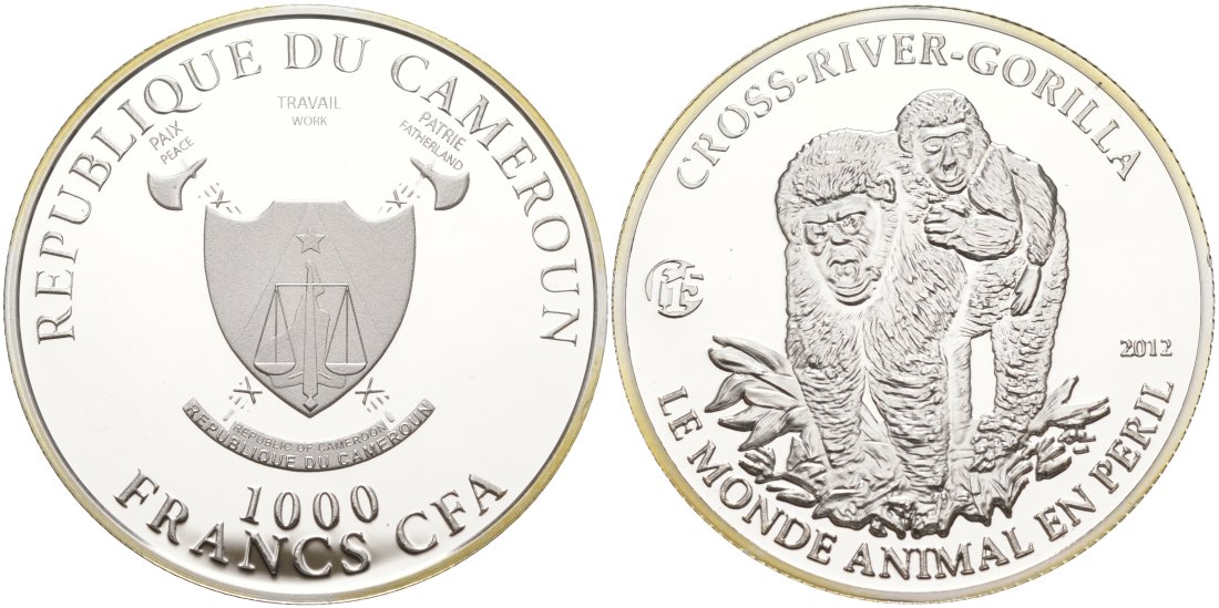 Камерун 1000 франков 2012 РЕЧНАЯ ГОРИЛЛА KM NEW серебро PROOF 01-151-31