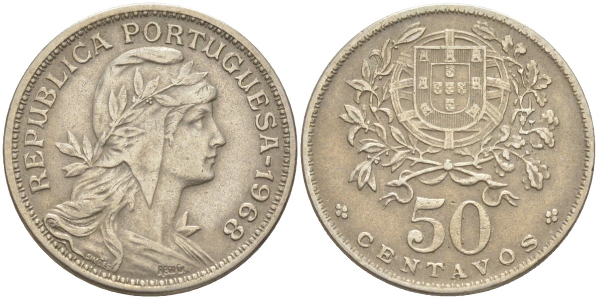 Португалия 50 сентаво 1968 голова Свободы вправо KM 577 медно-никель 219-911