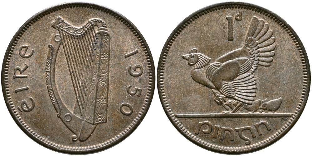 ИРЛАНДИЯ 1 ПЕННИ 1950 КУРИЦА С ЦЫПЛЯТАМИ KM 11 бронза 4531-711