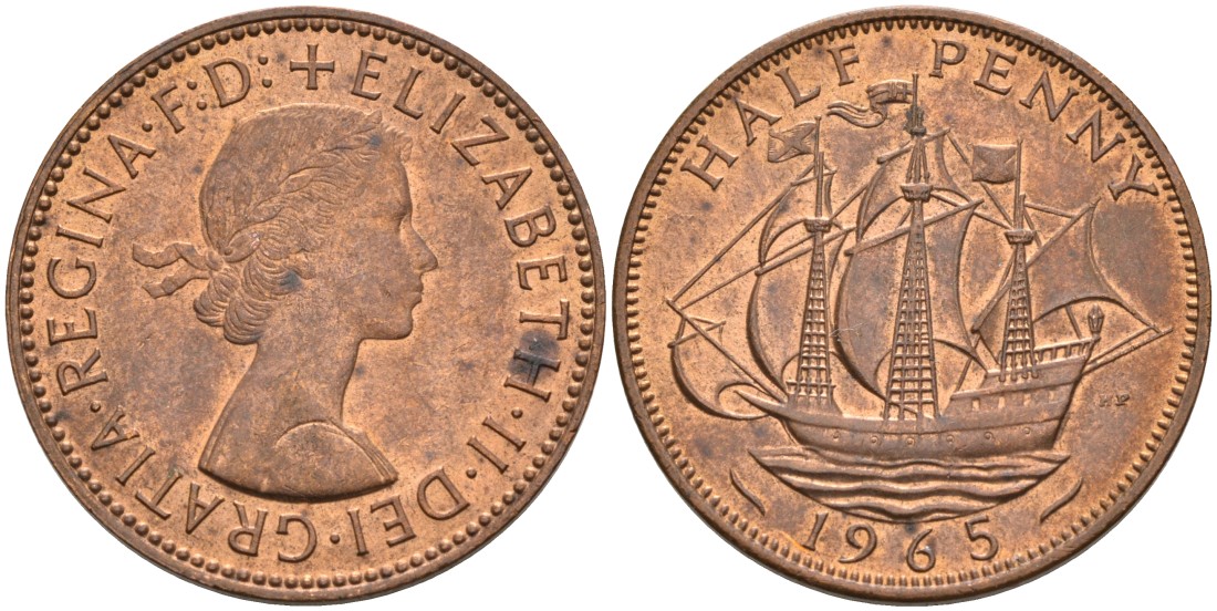 Великобритания 1/2 пенни 1965 Елизавета II (1952-2022) KM 896, Spink 4158 бронза 4561-944