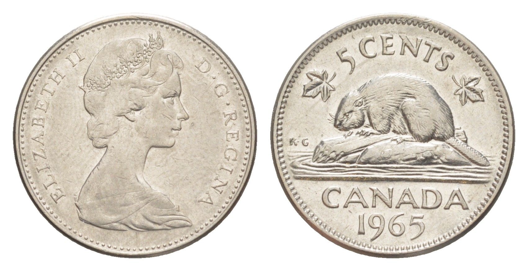 Канада 5 центов 1965 Елизавета II (1952-2022), бобр KM 60.1 никель 4639-446