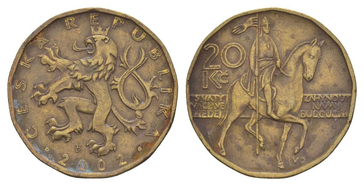 Чехия 20 крон 2002 KM 5 сталь плакированная латунью 4633-727