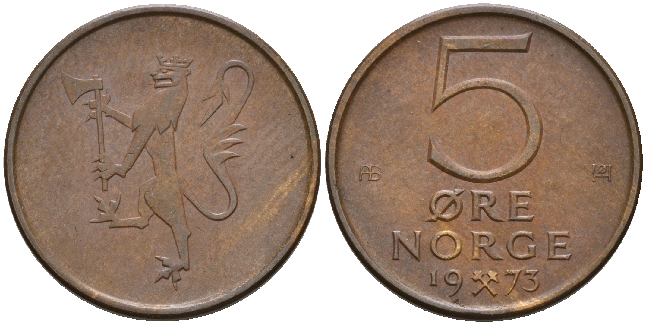 Норвегия 5 эре 1973 Улаф V (1958-1991) ​KM 415 бронза 4608-343