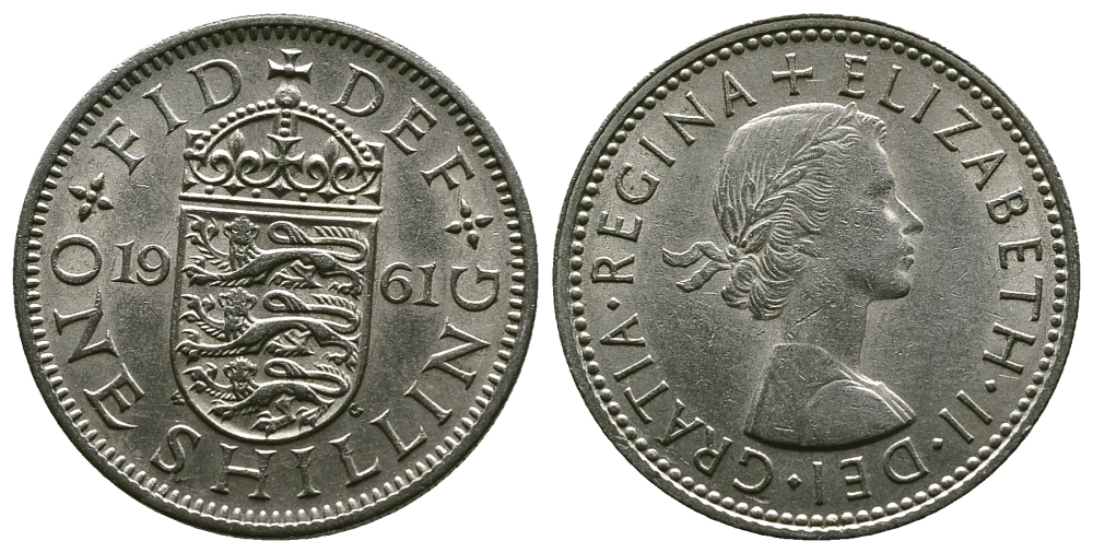 Великобритания 1 шиллинг 1961 Елизавета II (1952-2022), Английский герб KM 904, Spink 4147 медно-никель 4384-432