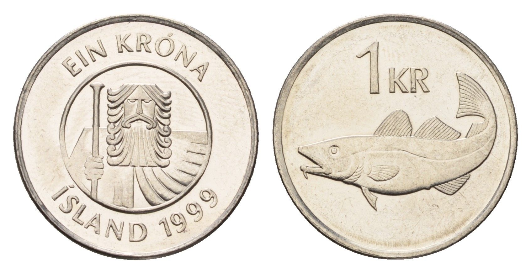 Исландия 1 крона 1999 треска KM 27a сталь плакированная никелем UNC 4687-845