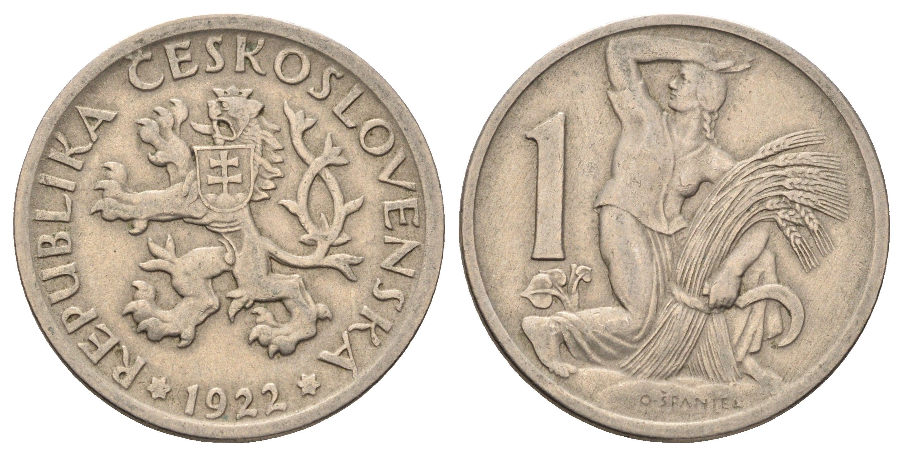 Чехословакия 1 крона 1922 женщина со снопом и серпом KM 4 медно-никель 4654-612