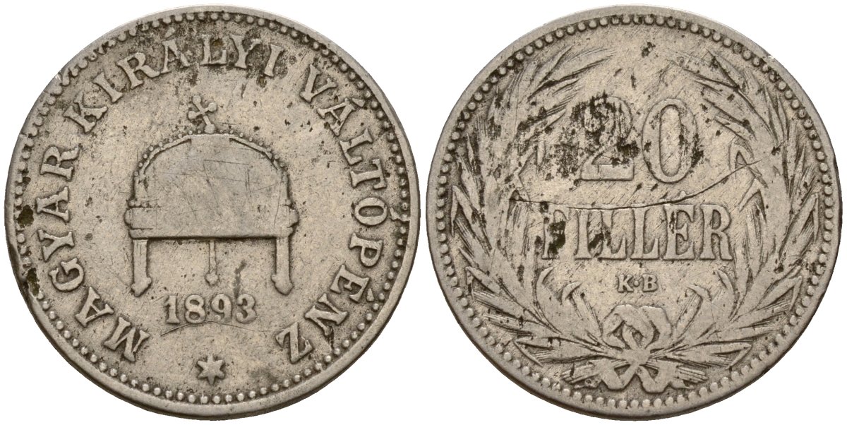 Венгрия 20 филлеров 1893 KB, Франц Иосиф I (1848-1916) KM 483 никель 4154-845